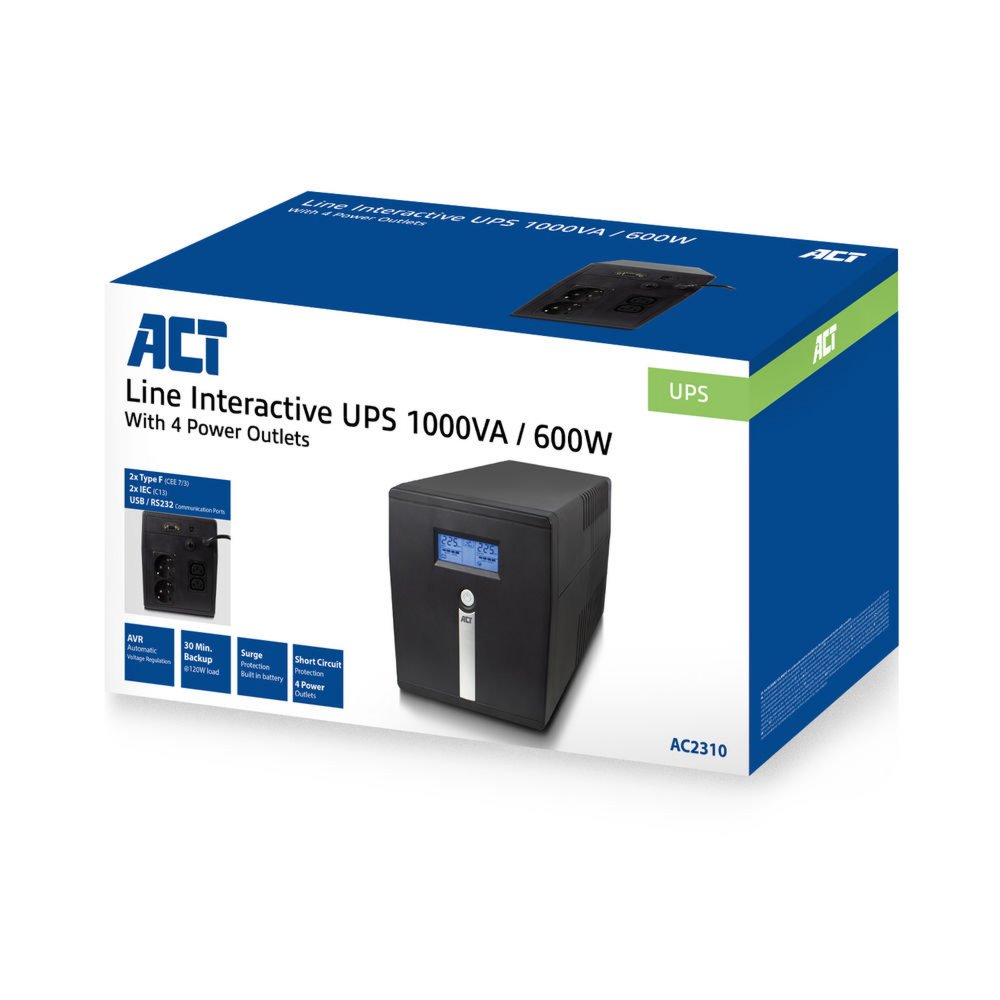ACT Line-Interactive UPS AC2310 | 1000 VA Vermogen | 4 Uitgangen | Spanningstabilisatie met AVR | Beveiliging bij Netstoringen - Matmuis - Matmuis