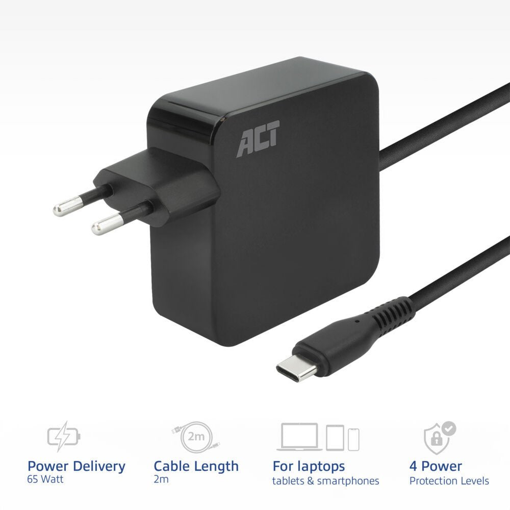 ACT AC2010 | Universele USB-C Notebook Lader | 65 Watt PDP | 2 Meter - Matmuis