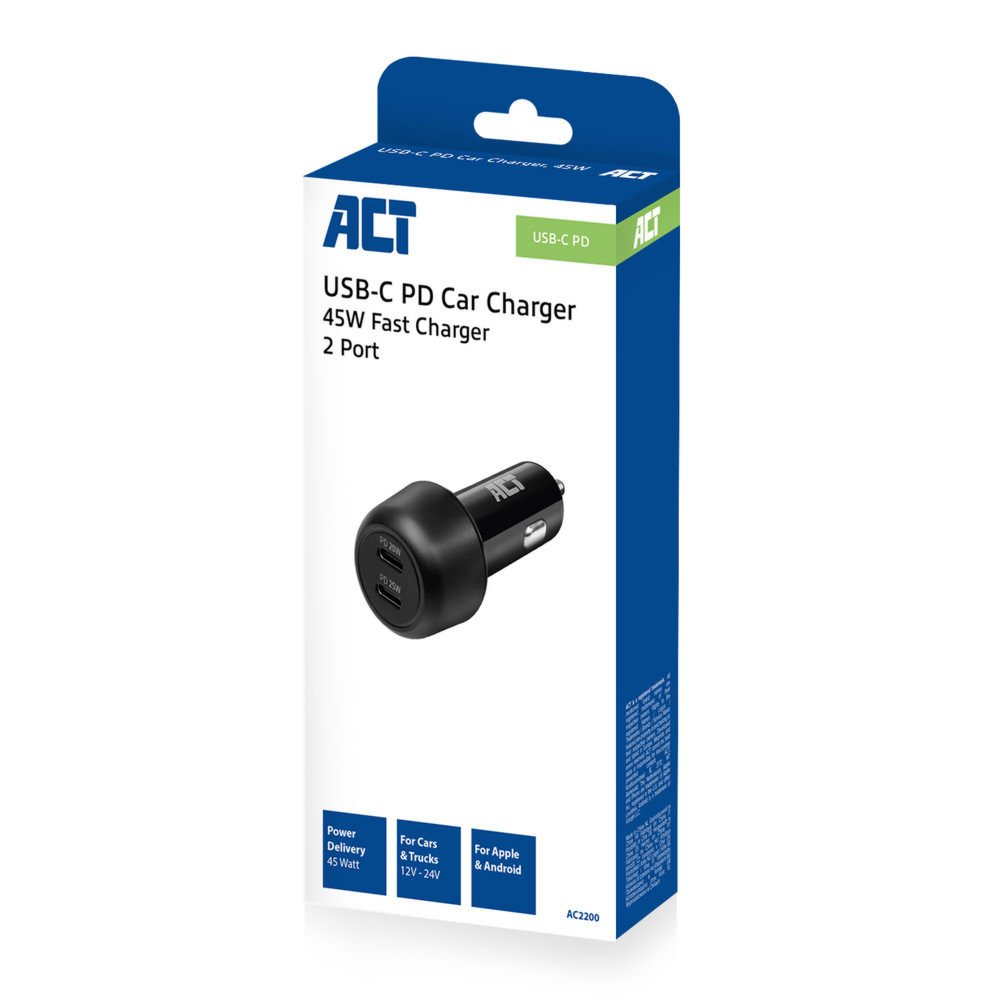 ACT AC2200 | USB-C Autolader voor Mobiele Apparaten 25W | Zwart - Matmuis