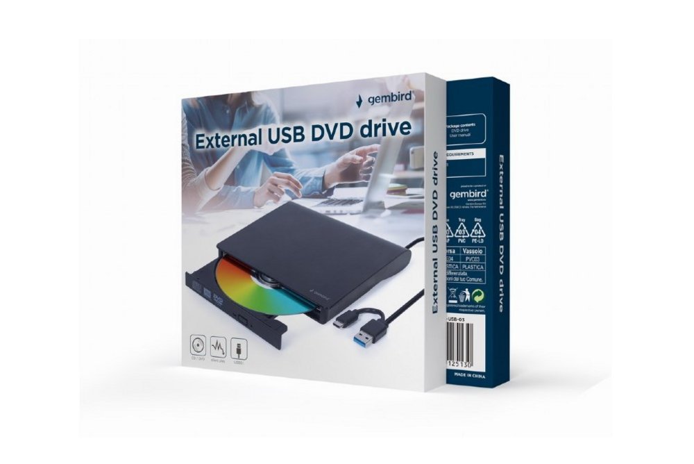 Gembird DVD-USB-03 | Externe CD/DVD Brander & Speler | USB & USB-C | Compact ontwerp | Zwart - Matmuis - Matmuis