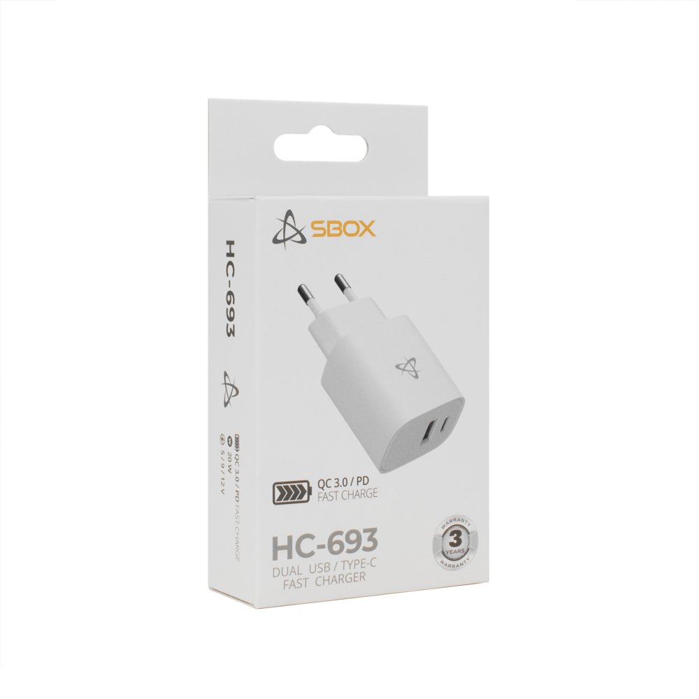SBOX Oplader HC-693 SB | 15W | USB-A & USB-C (2 Poorten) | Wit