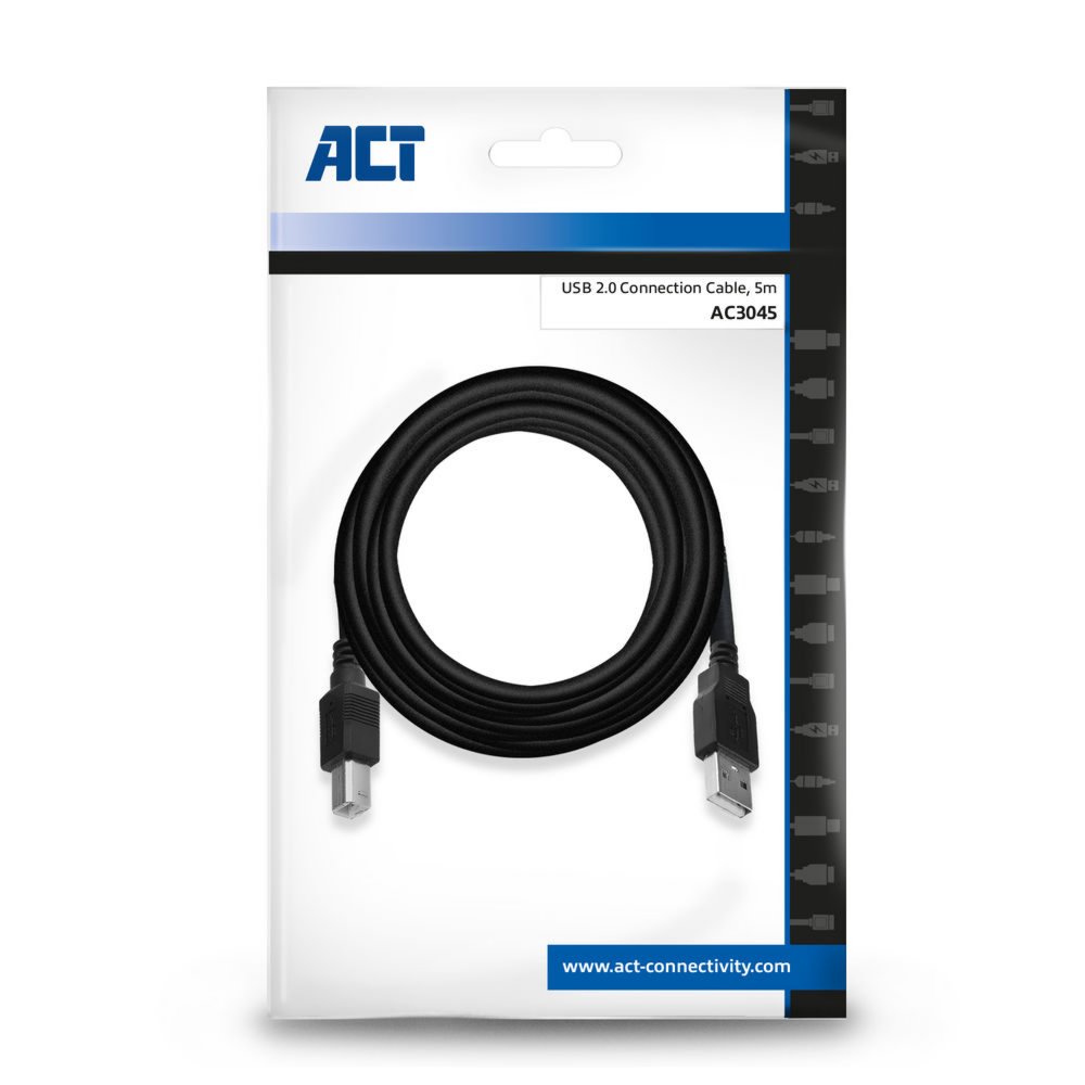ACT AC3045 | USB 2.0 Kabel | USB-A naar USB-B | 5m | Zwart - Matmuis - Matmuis