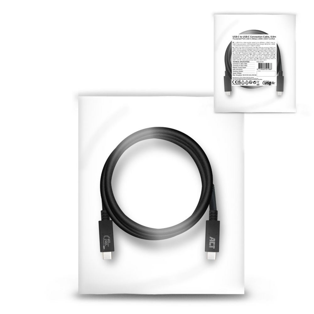 ACT AC7451 | USB4 Gen 3x2 Kabel | USB-C naar USB-C | 0.8m | Zwart - Matmuis - Matmuis