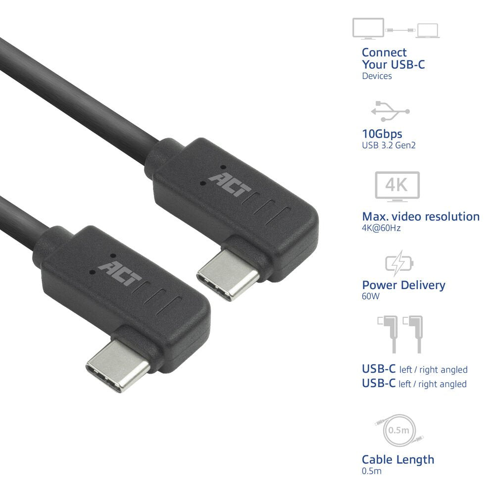 ACT AC7486 | USB 3.2 Gen 2 Kabel | USB-C (haaks links/rechts) naar USB-C (haaks links/rechts) | 60W | 10Gbps | 0,5m | Zwart - Matmuis - Matmuis