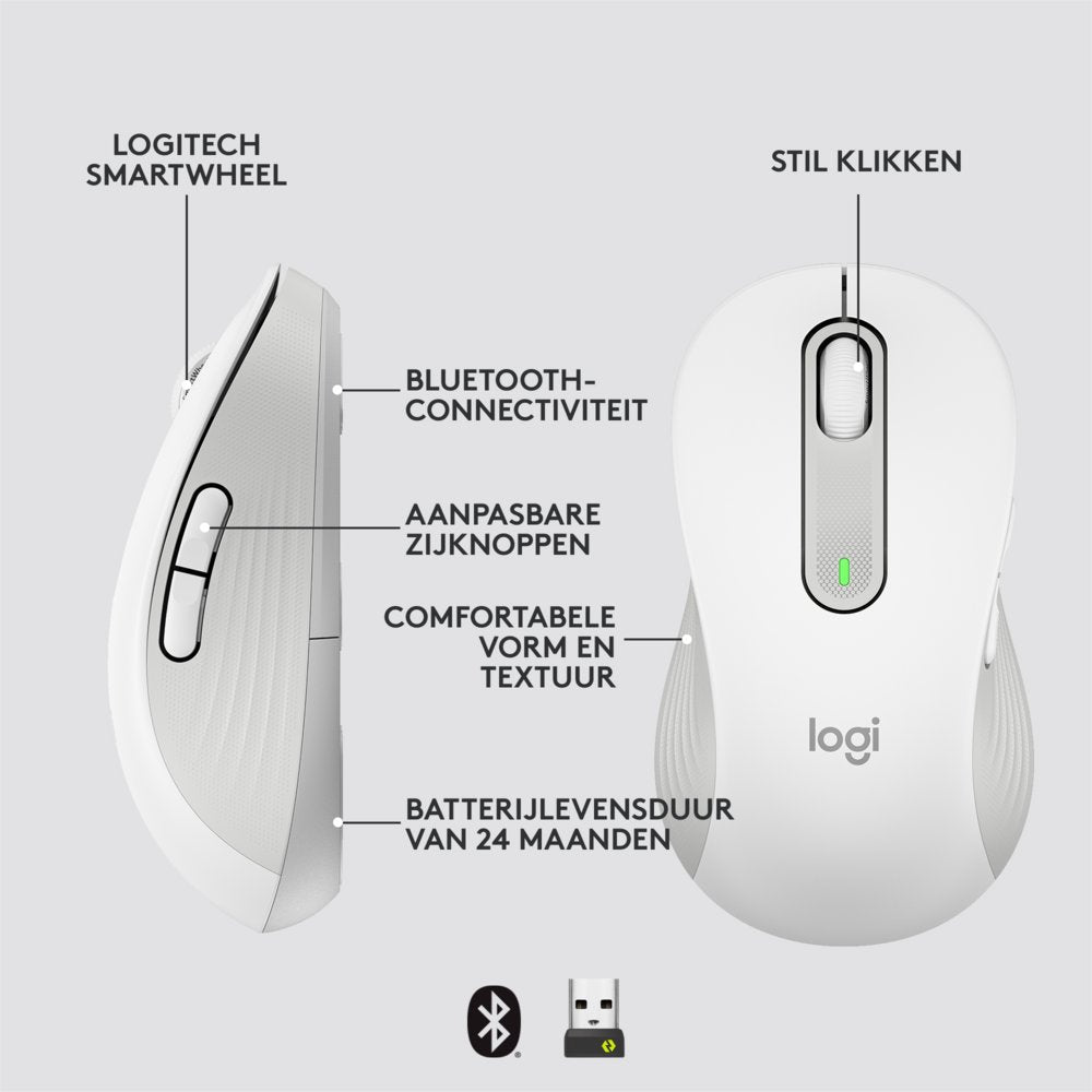 Logitech Signature M650 | Draadloze Muis | Linkshandig | RF + Bluetooth | 2000 DPI | Wit - Matmuis - Matmuis