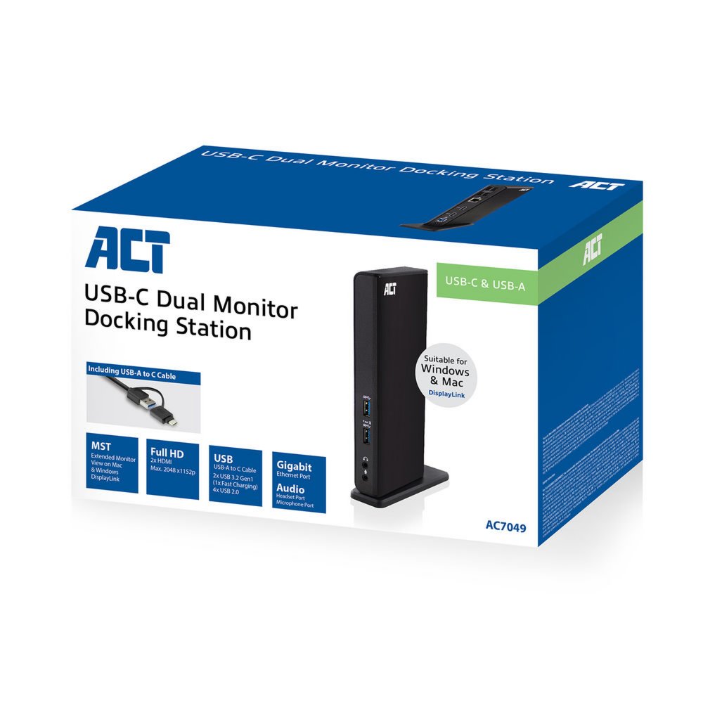 ACT AC7049 | USB-C/A Multiport Docking Station | 2x HDMI (2048x1152) + Ethernet + 6x USB + Audio | Zwart - Matmuis