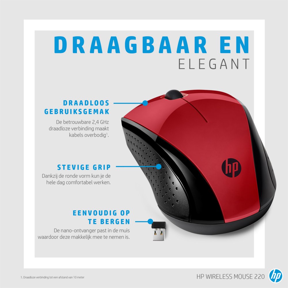 HP 220 | Draadloze Muis | Links- en Rechtshandig | RF | 1600 DPI | Rood - Matmuis - Matmuis