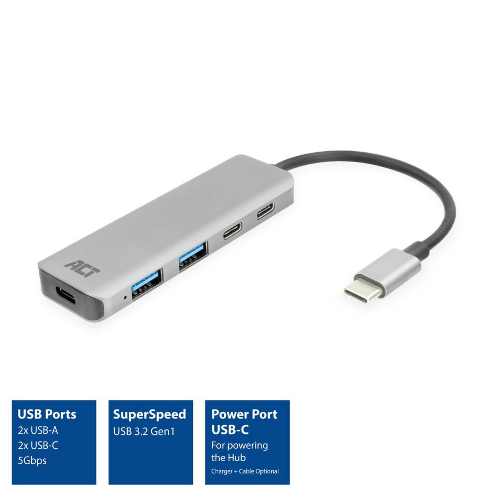 ACT AC7072 USB-C Hub 3.0 | 2x USB-A & 2x USB-C Poorten | 5 Gbps | Aluminium Behuizing | 12 cm Kabel - Matmuis - Matmuis