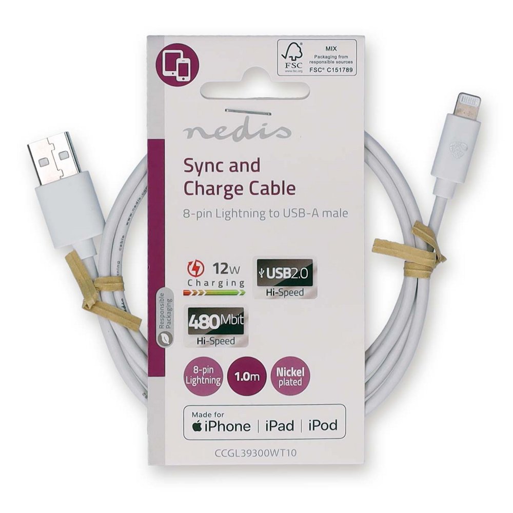 Nedis CCGL39300WT10 | Lightning-naar-USB-A kabel | 1 m | Lightning Male naar USB-A Male | Opladen en synchroniseren | Wit - Matmuis - Matmuis