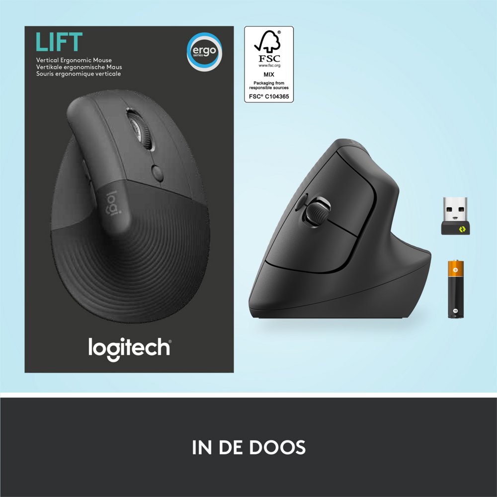 Logitech Lift | Ergonomische Draadloze Muis | Rechtshandig | RF + Bluetooth | 4000 DPI | Grafiet - Matmuis - Matmuis