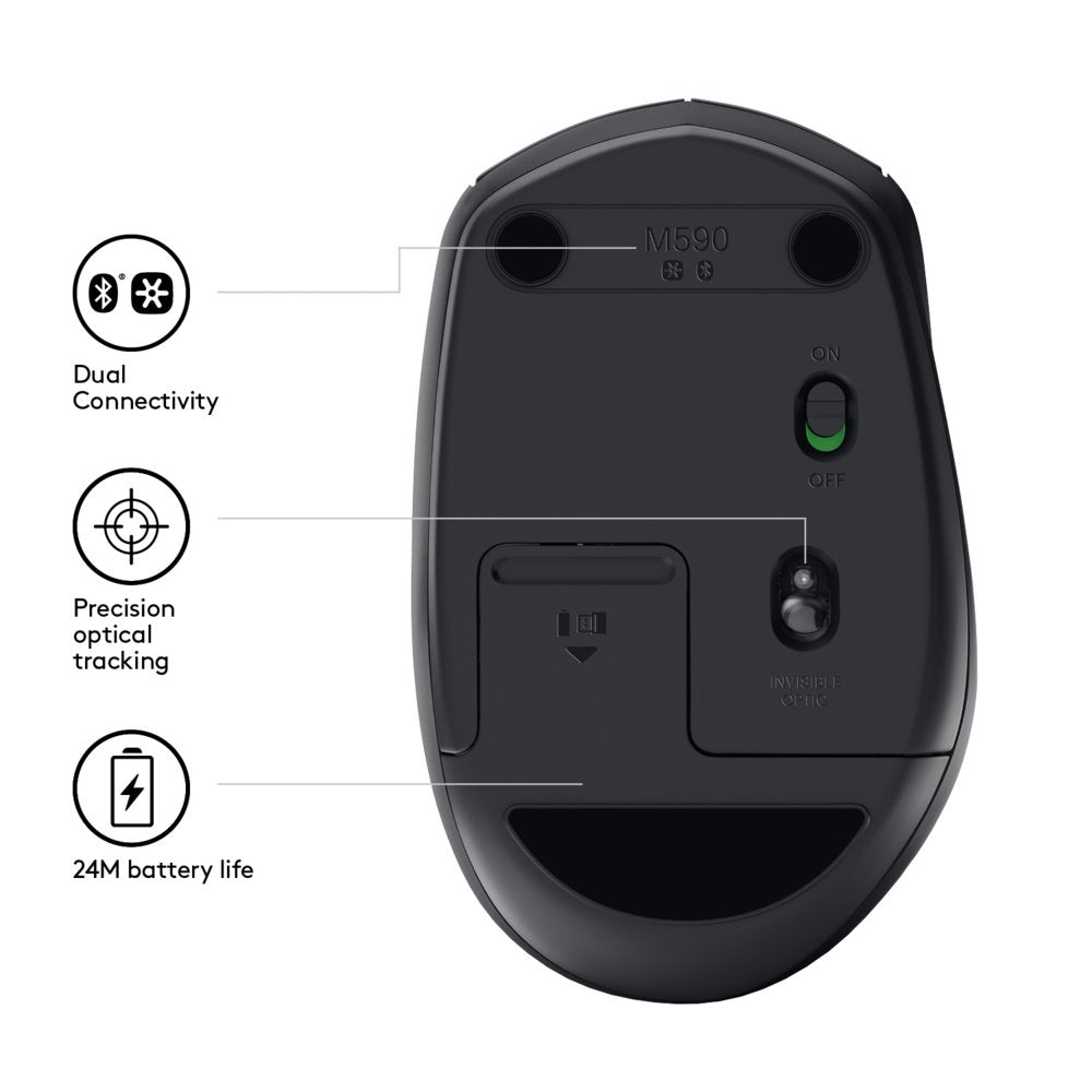 Logitech M590 Multi-Device Silent | Draadloze Muis | Rechtshandig | RF + Bluetooth | 1000 DPI | Zwart - Matmuis - Matmuis