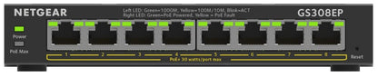 NETGEAR GS308EP-100PES | Managed Smart Switch | 8 Poorten | Gigabit Ethernet (10/100/1000 Mbps) | PoE+ (62W) | VLAN/QoS | Compact - Matmuis