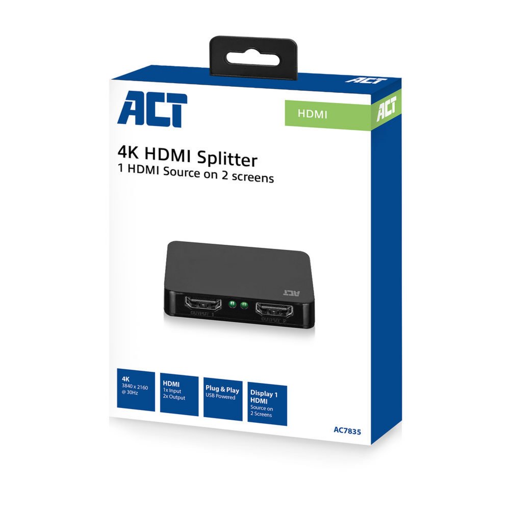 ACT AC7835 | 1x2 HDMI 1.4 Splitter | 4K @30Hz | HDCP 1.4 | USB-gevoed - Matmuis - Matmuis