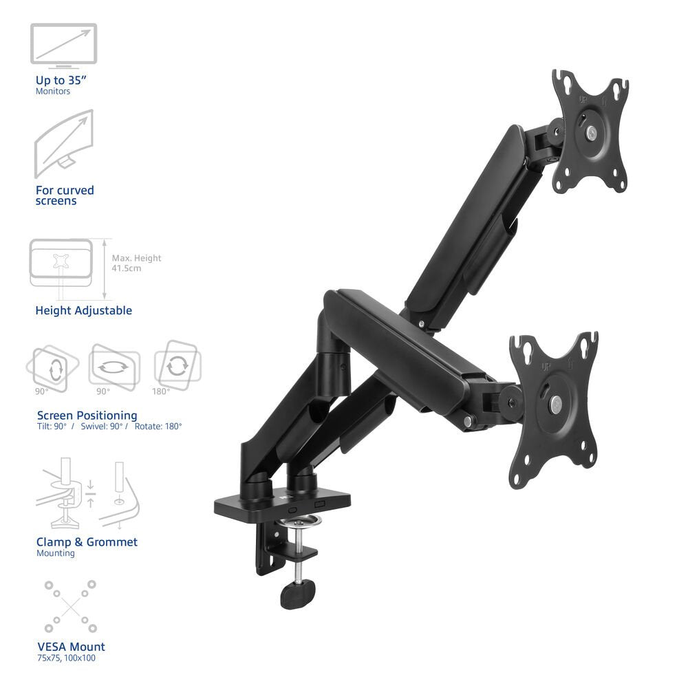 ACT AC8314 Monitorarm Essentials | Verstelbare Monitor-bureaubeugel | Tot 35" | Max 2x 9 kg | VESA 75x75 / 100x100 | 2 Monitoren | Gasveer | OPEN BOX