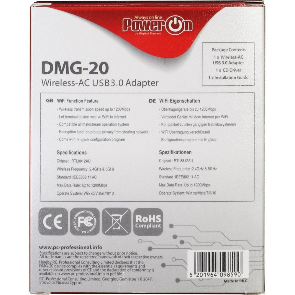 Inter-Tech DMG-20 | Wi-Fi 5 USB Adapter | 867 Mbps | Dual-band (2,4 GHz / 5 GHz) | USB 3.0 | Zwart - Matmuis - Matmuis