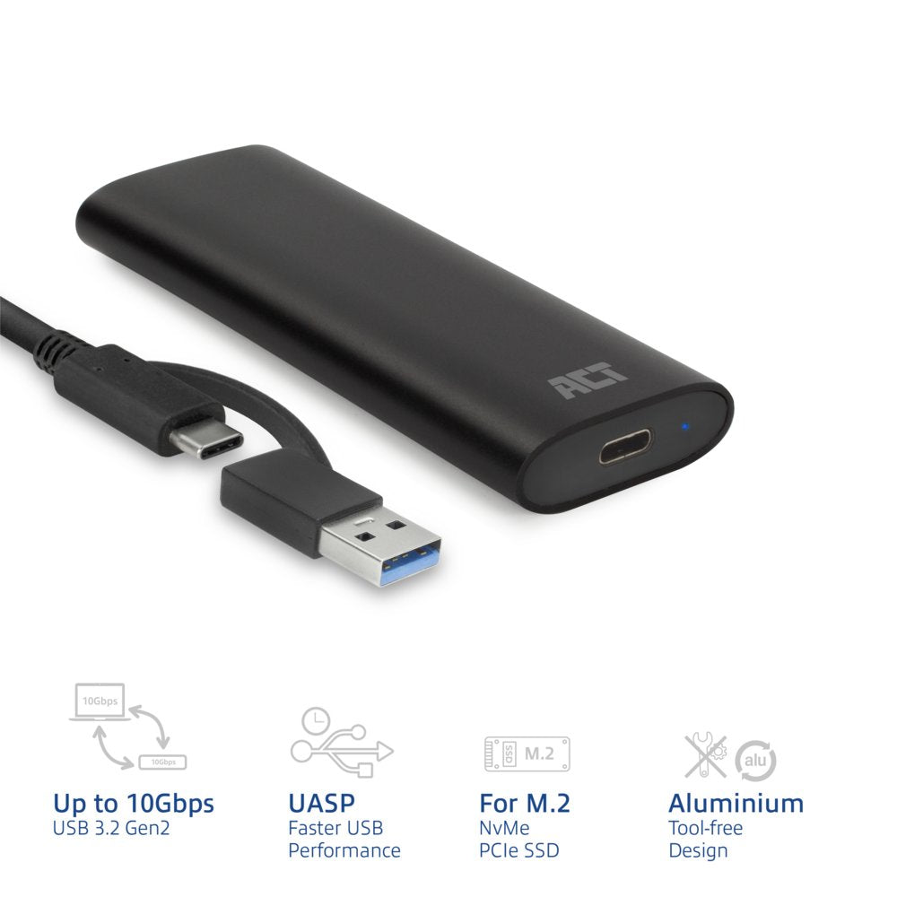 ACT AC1615 | USB-C M.2 NVMe/PCIe SSD Behuizing | Tool-Free | Aluminium | USB 3.2 Gen2 (10 Gbps) - Matmuis - Matmuis