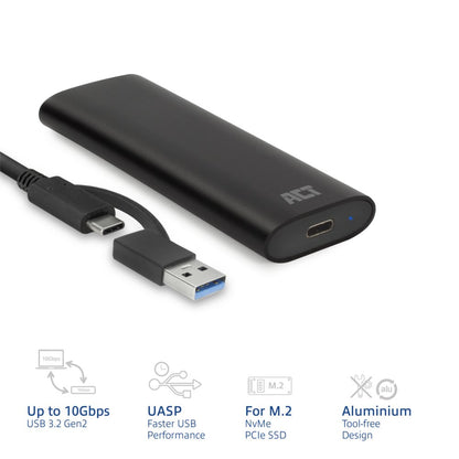 ACT AC1615 | USB-C M.2 NVMe/PCIe SSD Behuizing | Tool-Free | Aluminium | USB 3.2 Gen2 (10 Gbps) - Matmuis - Matmuis