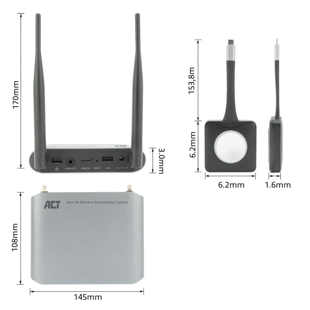 ACT Aero 4K Draadloos Presentatiesysteem (AC7960) | 4K (3840x2160) | USB-C | HDMI | Plug and Play | Multi User | Split Screen - Matmuis - Matmuis