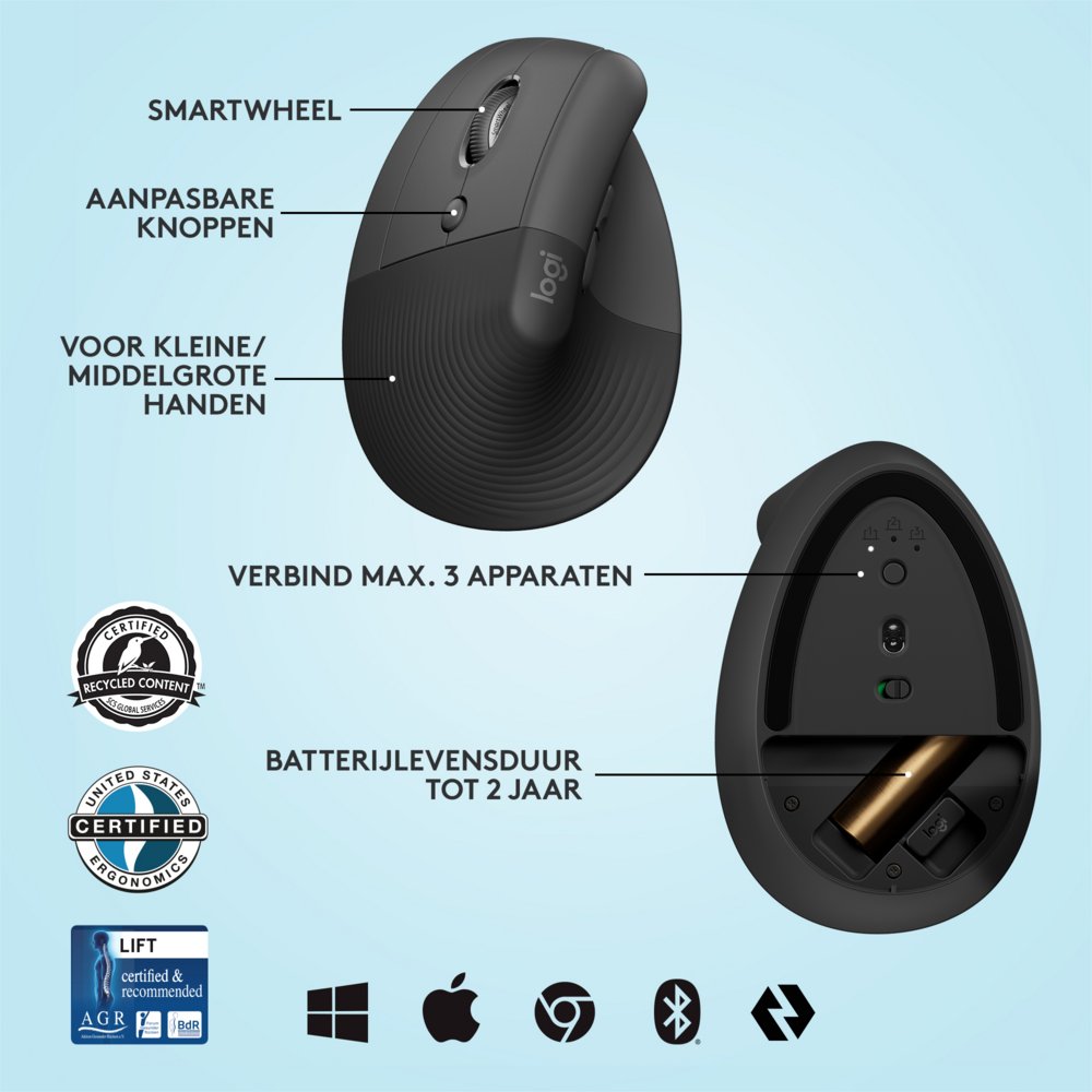 Logitech Lift | Ergonomische Draadloze Muis | Linkshandig | RF + Bluetooth | 4000 DPI | Grafiet - Matmuis - Matmuis