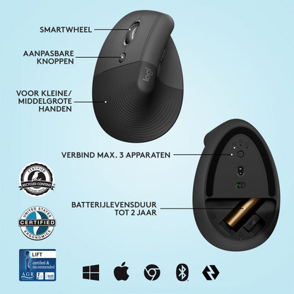 Logitech Lift | Ergonomische Draadloze Muis | Linkshandig | RF + Bluetooth | 4000 DPI | Grafiet - Matmuis - Matmuis