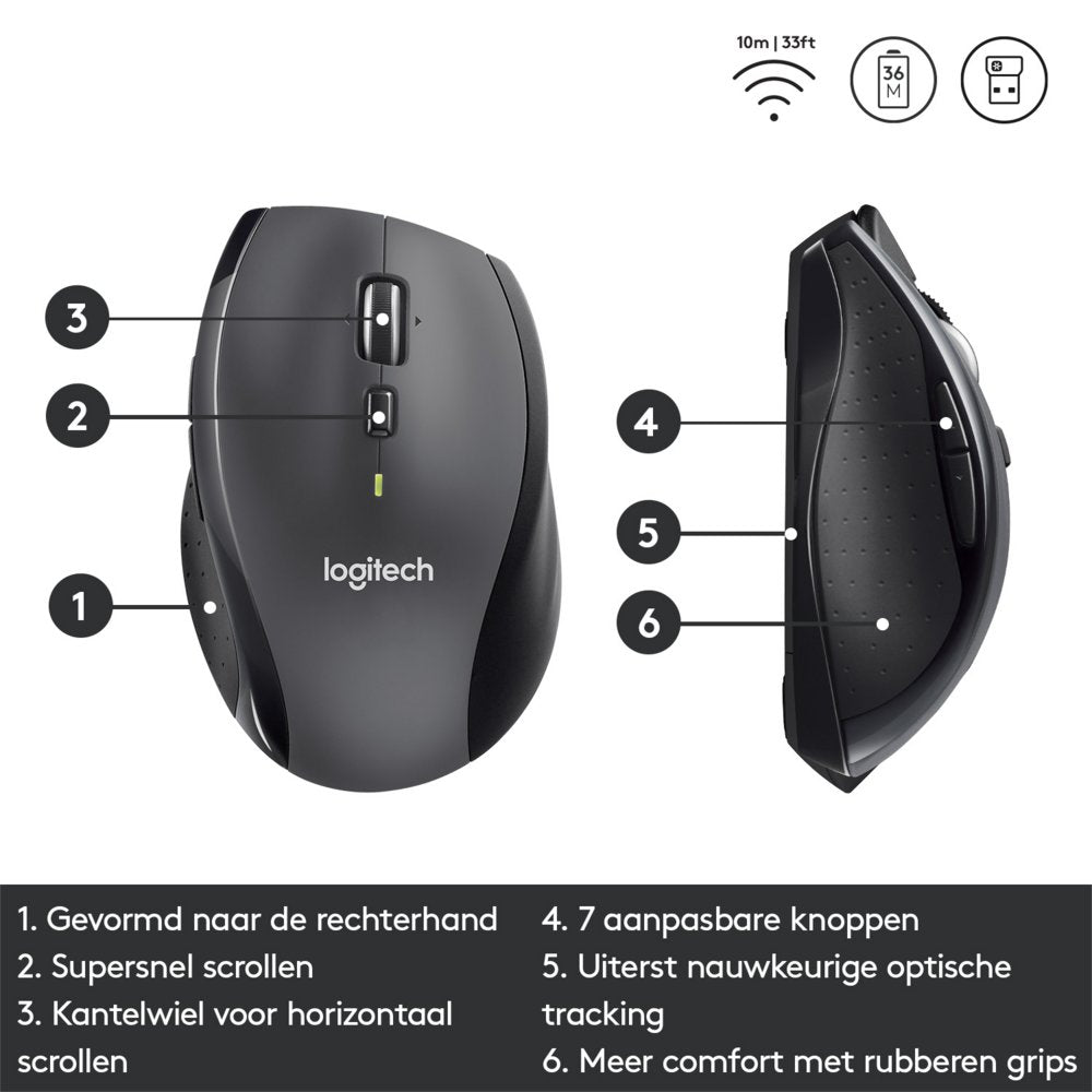 Logitech Marathon M705 | Draadloze Muis | Rechtshandig | RF | 1000 DPI | Zwart - Matmuis - Matmuis