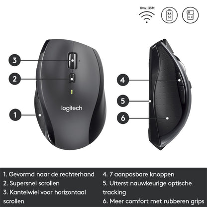 Logitech Marathon M705 | Draadloze Muis | Rechtshandig | RF | 1000 DPI | Zwart - Matmuis - Matmuis