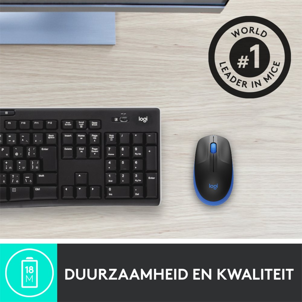 Logitech M190 | Draadloze Muis | Links- en Rechtshandig | RF | 1000 DPI | Zwart/Blauw - Matmuis - Matmuis