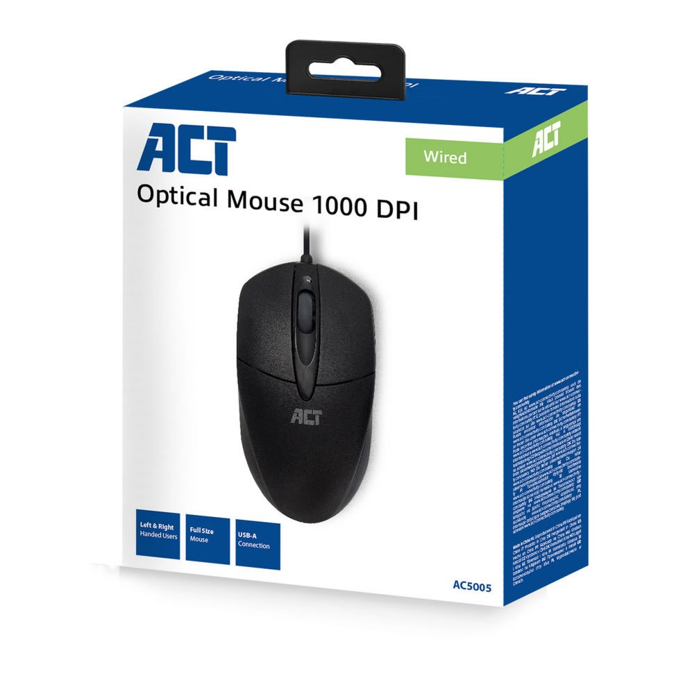 ACT AC5005 | Bedrade Muis | Links- en Rechtshandig | USB-A | 1000 DPI | Zwart - Matmuis - Matmuis