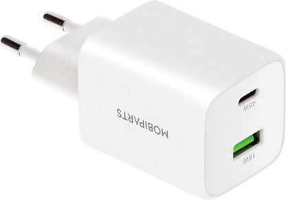 Mobiparts GaN Wall Charger | USB-C & USB-A 3.0 QC 45W | Wit