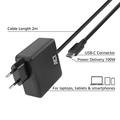 ACT AC2015 | 100W USB-C Laptoplader | Power Delivery | Vaste 2 Meter USB-C Kabel