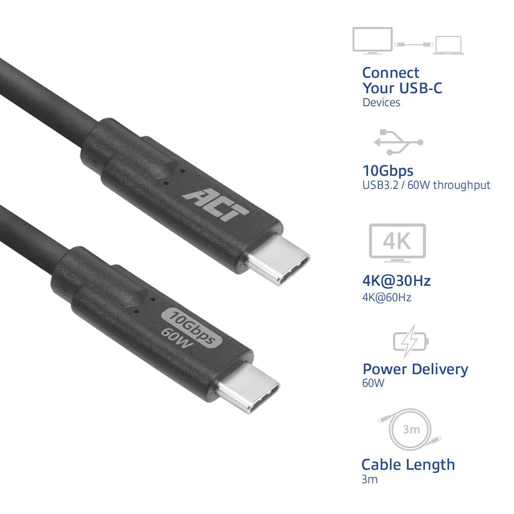 ACT AC7443 | USB 3.2 Kabel | 10Gbps | 60W | USB-C naar USB-C | 3m | Zwart - Matmuis - Matmuis