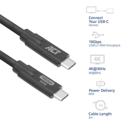 ACT AC7443 | USB 3.2 Kabel | 10Gbps | 60W | USB-C naar USB-C | 3m | Zwart - Matmuis - Matmuis