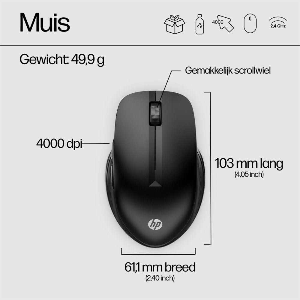 HP 430 | Multi-Device Draadloze Muis | Links- en Rechtshandig | RF + Bluetooth | 1200 DPI | Zwart - Matmuis - Matmuis