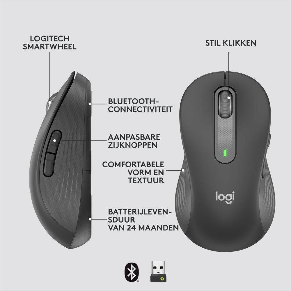 Logitech Signature M650 | Draadloze Muis | Linkshandig | RF + Bluetooth | 2000 DPI | Grafiet - Matmuis - Matmuis