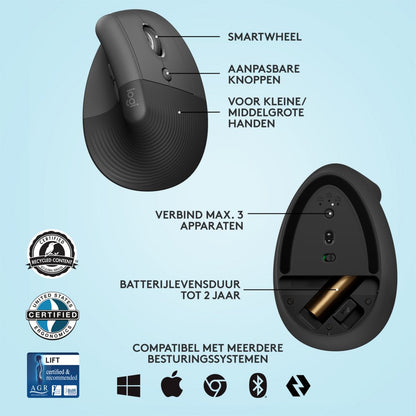 Logitech Lift | Ergonomische Draadloze Muis | Rechtshandig | RF + Bluetooth | 4000 DPI | Grafiet - Matmuis - Matmuis