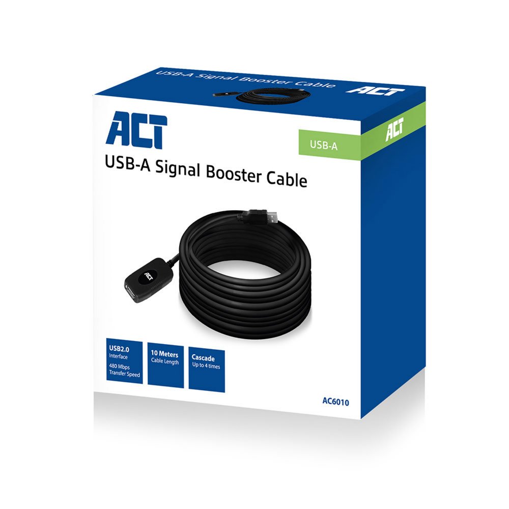 ACT AC6010 | USB 2.0 Signaalversterker | USB-A naar USB-A | 10m | Zwart - Matmuis - Matmuis