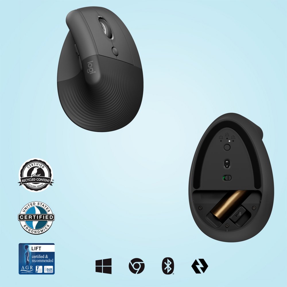 Logitech Lift | Ergonomische Draadloze Muis | Rechtshandig | RF + Bluetooth | 4000 DPI | Grafiet - Matmuis - Matmuis
