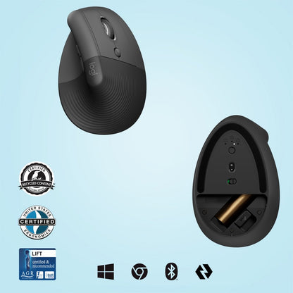 Logitech Lift | Ergonomische Draadloze Muis | Rechtshandig | RF + Bluetooth | 4000 DPI | Grafiet - Matmuis - Matmuis