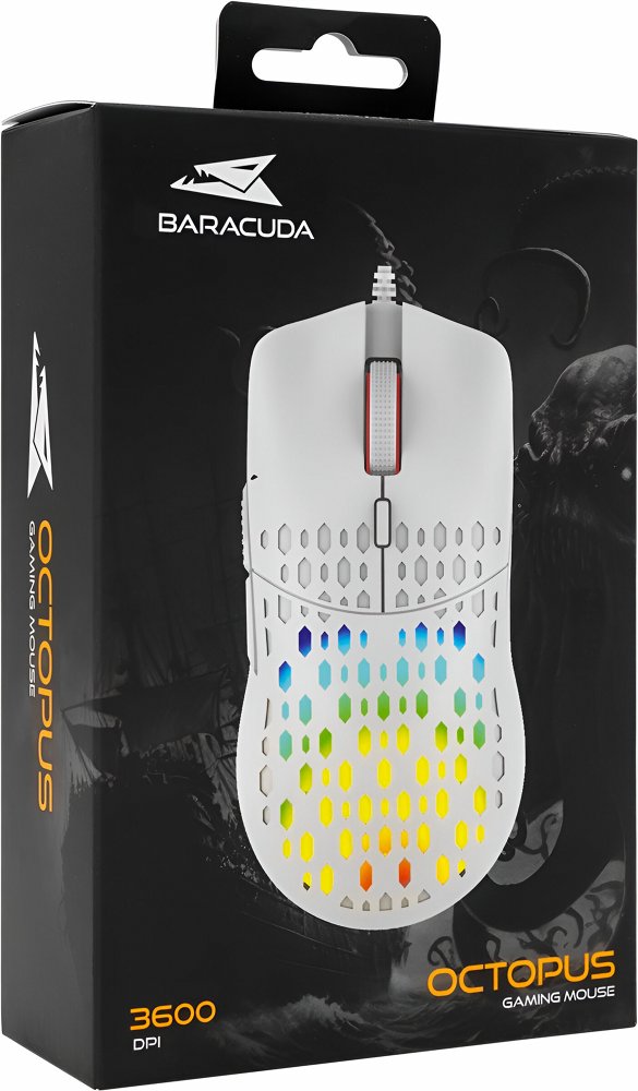 Baracuda OCTOPUS RGB | Bekabelde Gaming Muis | Rechtshandig | USB-A | 3600 DPI | Wit - Matmuis