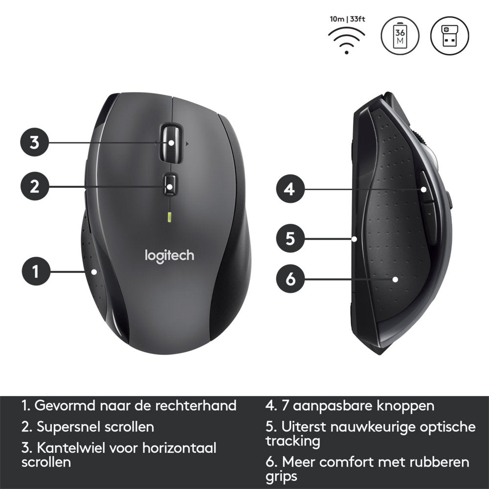 Logitech Marathon M705 | Draadloze Muis | Rechtshandig | RF | 1000 DPI | Zwart - Matmuis - Matmuis