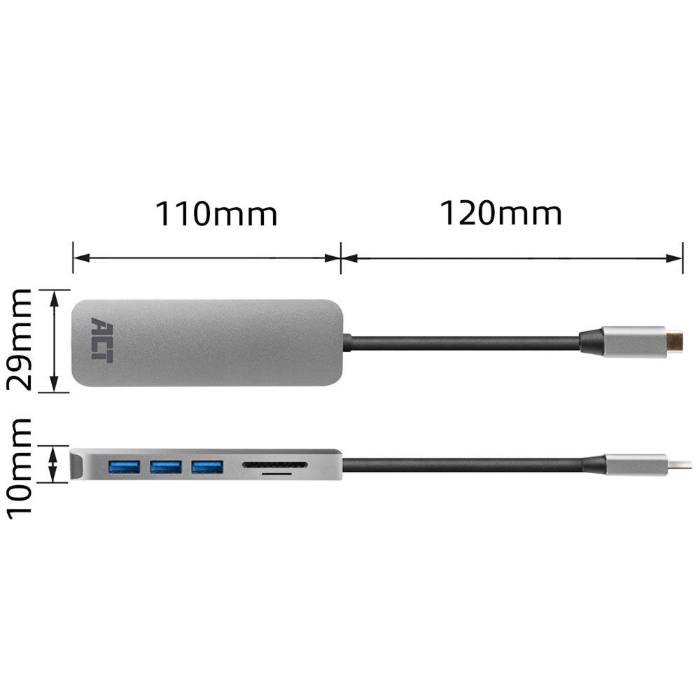 ACT AC7050 | 3-Poorts USB-C Hub | Kaartlezer | Zilver - Matmuis - Matmuis
