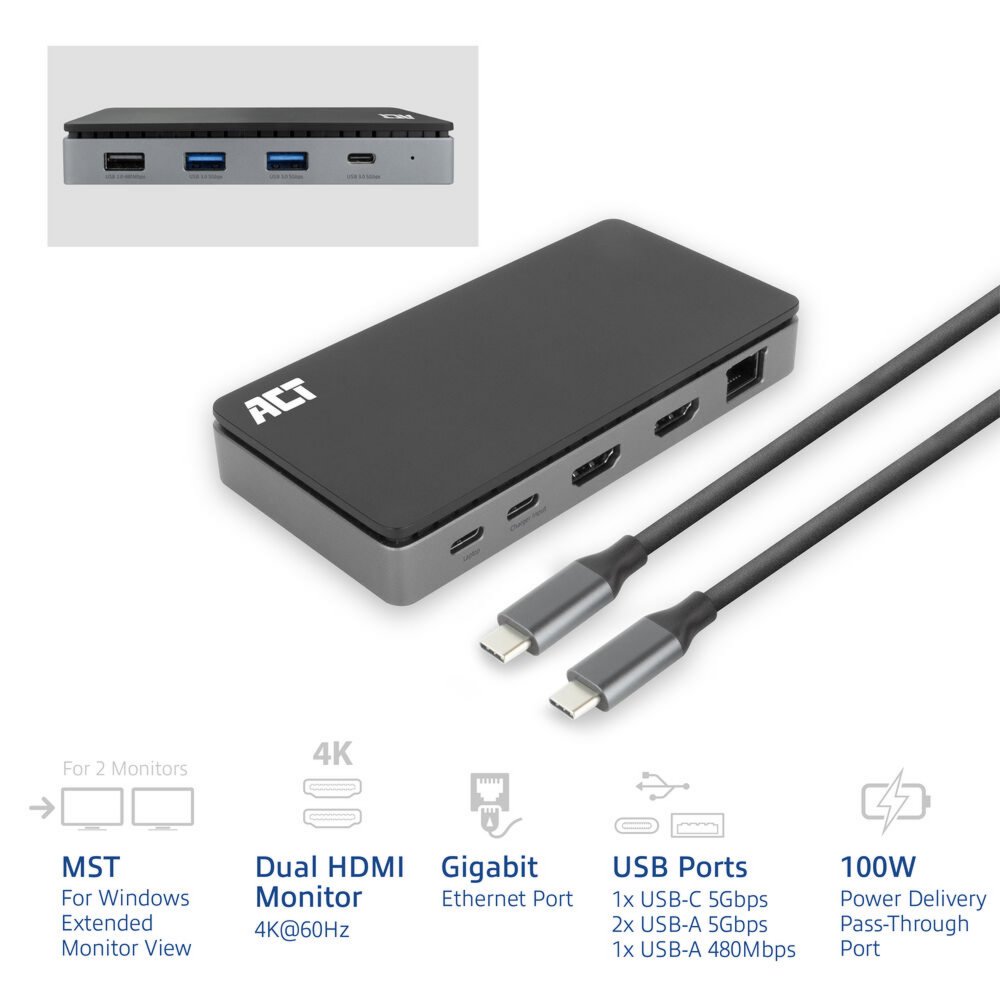 ACT AC7093 | USB-C 4K Docking Station | 2x HDMI + Ethernet + USB-C/USB-A + PD | 1m Kabel - Matmuis - Matmuis