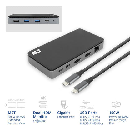 ACT AC7093 | USB-C 4K Docking Station | 2x HDMI + Ethernet + USB-C/USB-A + PD | 1m Kabel - Matmuis - Matmuis