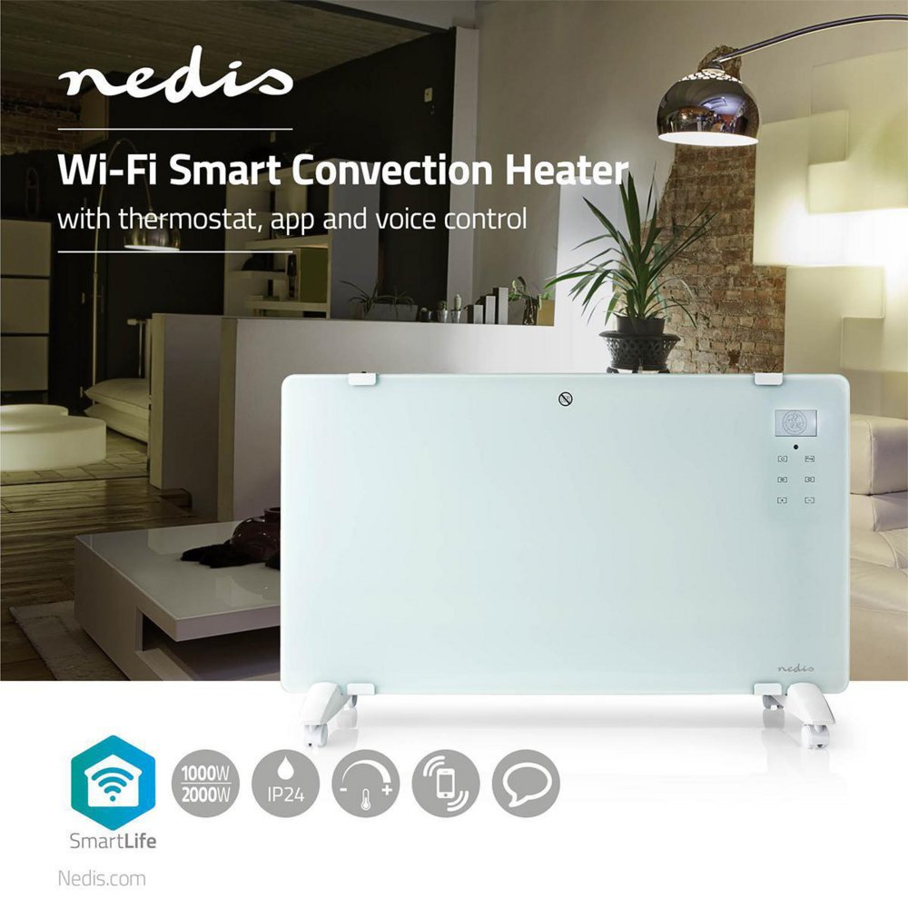 Nedis WIFIHTPL20FWT | Slimme Wi-Fi convectorkachel | 2000 W | Glazen frontpaneel | IP24 | Wit