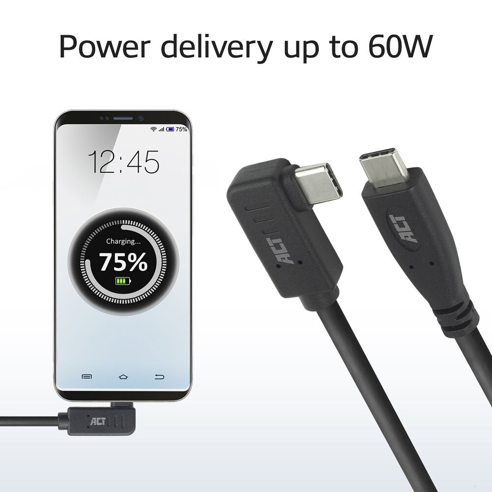 ACT AC7408 | USB 3.2 Gen 2 Kabel | USB-C (recht) naar USB-C (haaks links/rechts) | 60W | 10Gbps | 3m | Zwart - Matmuis - Matmuis
