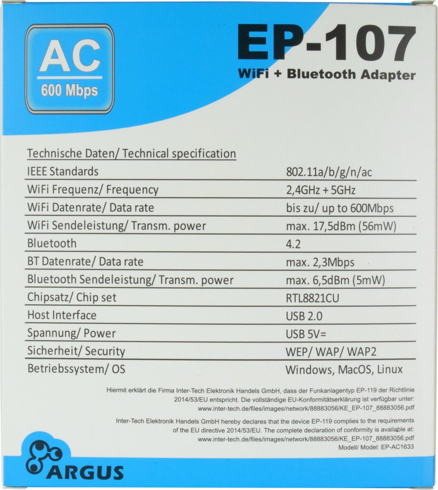 Argus EP-107 | Wi-Fi 5 USB Adapter | 600 Mbps | Dual-band (2,4 GHz / 5 GHz) | Bluetooth 4.2 | USB 2.0 - Matmuis - Matmuis