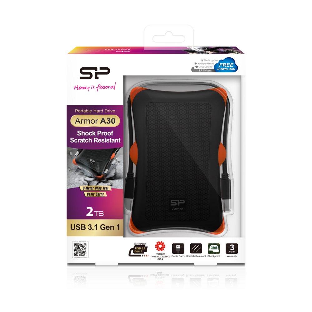 Silicon Power Armor A30 | 2TB Rugged Portable Hard Drive | Schokbestendig (MIL-STD-810G) | USB 3.2 Gen 1 (USB 3.0) | Zwart - Matmuis