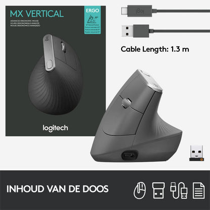 Logitech MX Vertical | Draadloze Ergonomische Muis | Rechtshandig | RF + Bluetooth + USB-C | 4000 DPI suggestie | Grafiet - Matmuis - Matmuis