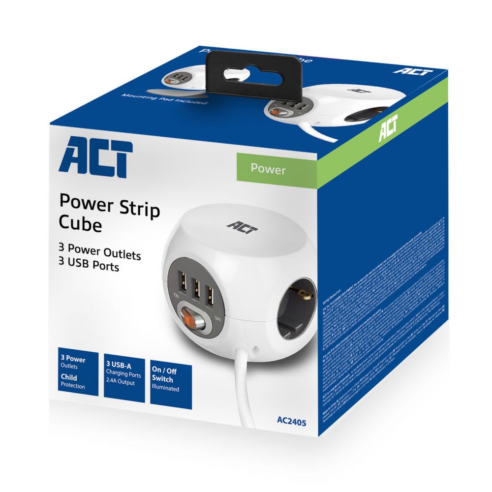 ACT AC2405 | Stekkerdoos | 3 Stopcontacten | 1,5 m | Binnen | Wit - Matmuis - Matmuis