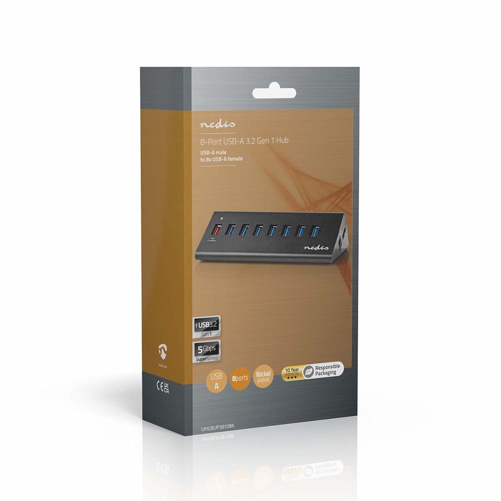 Nedis UHUBUP3810BK interface hub USB 3.2 Gen 1 (3.1 Gen 1) | 8 poorten | Zwart - Matmuis